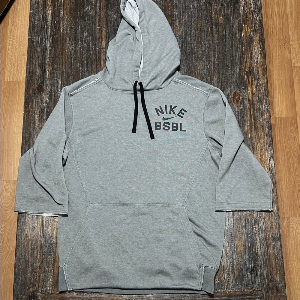 Nike Dri Fit  Gray Baseball Crewneck Hooded Sweatshirt with Black Drawstrings